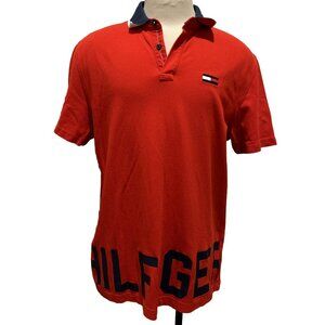 Tommy Hilfiger Denim Polo Shirt Men’s X-Large Red Spell Out Logo Rugby Casual